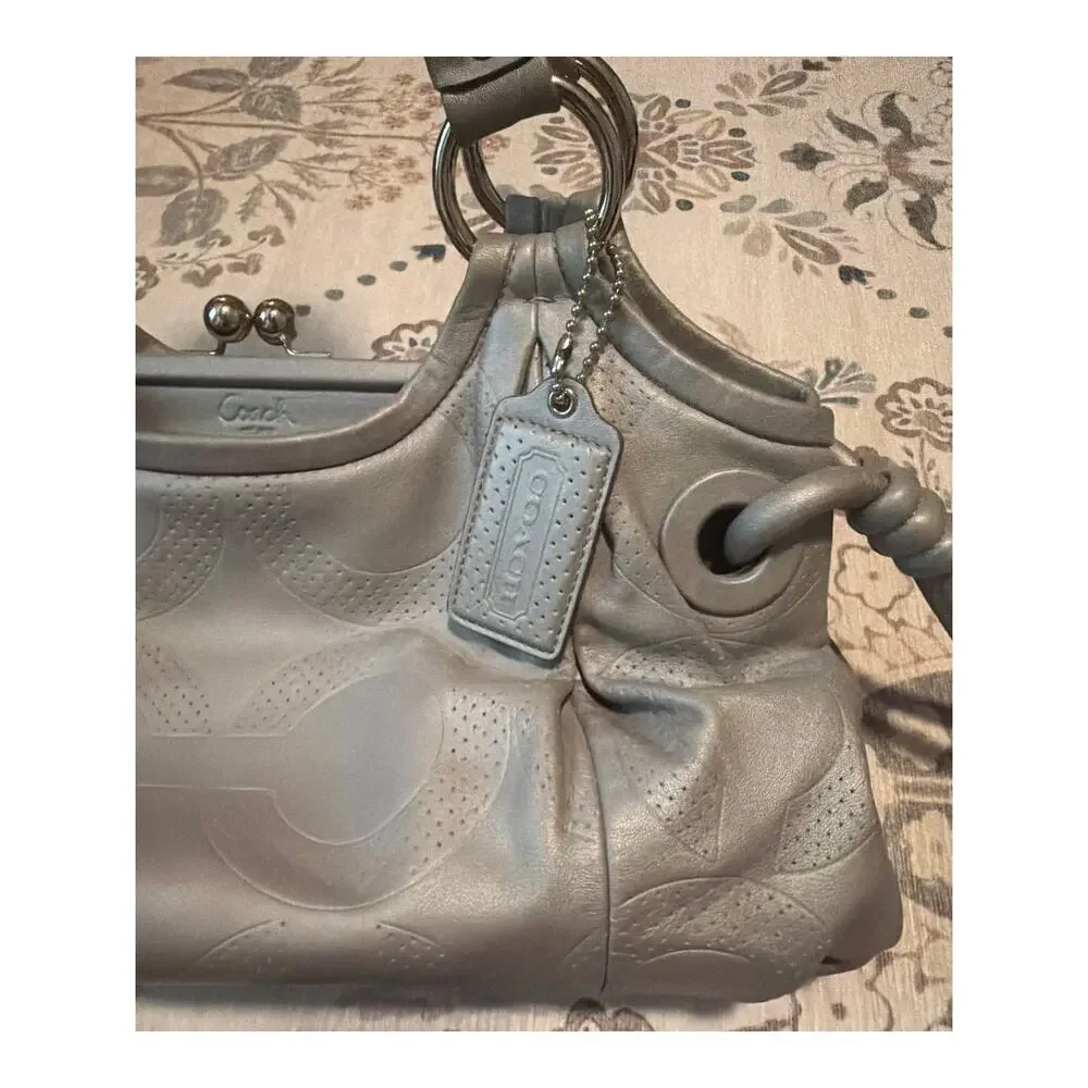 Coach Parker Perforated Gray Leather Kiss-Lock Satchel Tote 13611